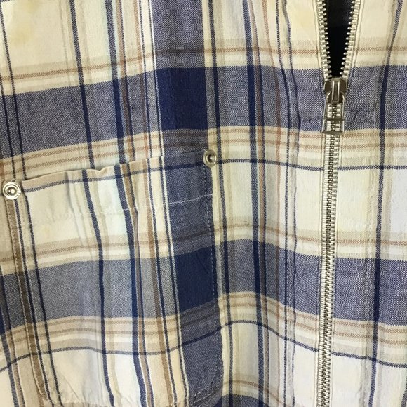 vintage womens jacket shacket 18 20 XL tan blue plaid full zip cotton cropped - Picture 8 of 10